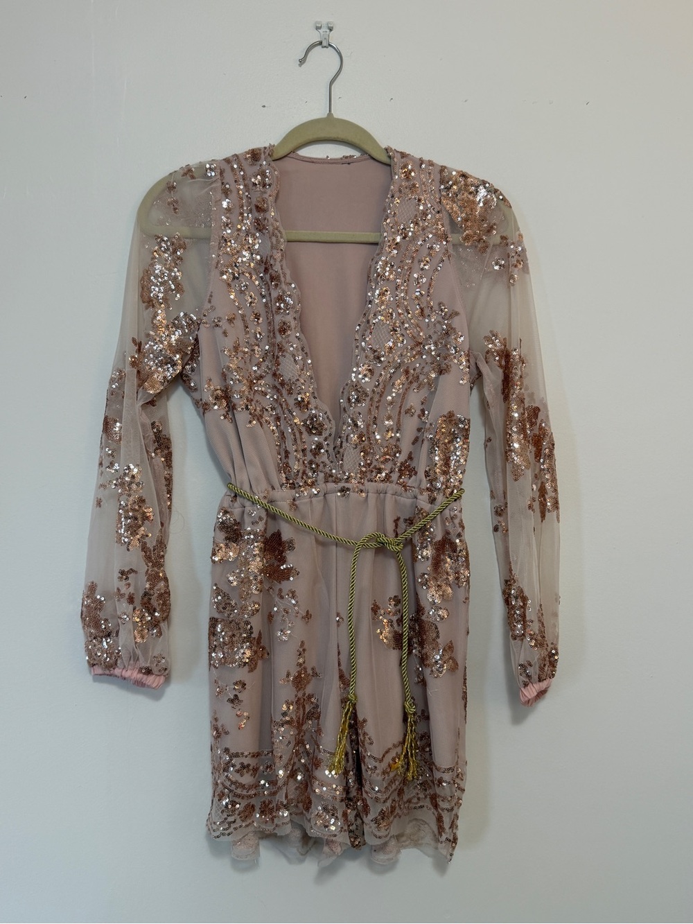Rose Gold Sequin Plunge V-Neck Long Sleeve Romper